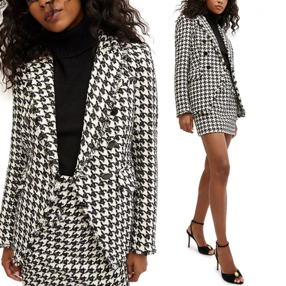 Veronica Beard Miller Houndstooth Blazer Dickey Jacket Fringe Trim Tweed Sz 10